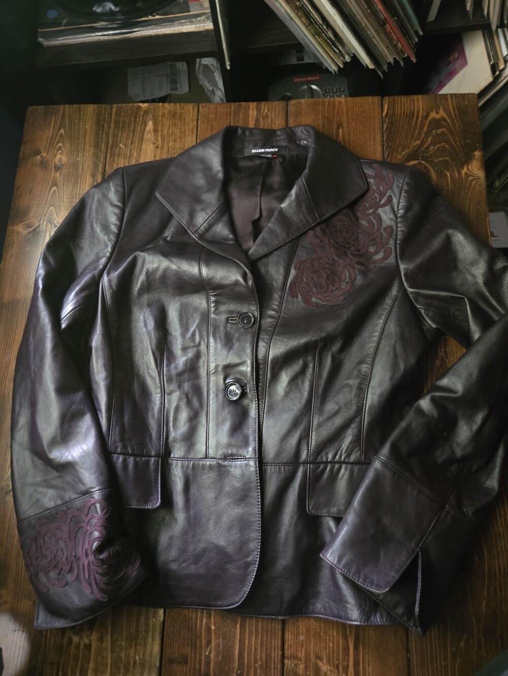 Ellen Tracy Deep Plum Leather Jacket with Floral Details